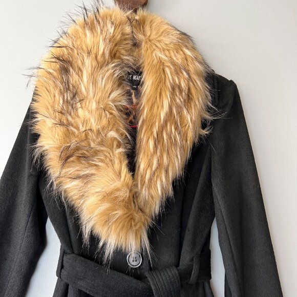 Steve Madden Black Coat Medium Faux Fur Collar Belted Long Wool Blend NWT - Picture 3 of 5
